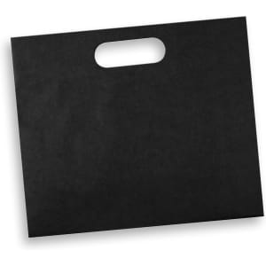 A large black die cut paper bag with a handle. The bag is flat and landscape-oriented.