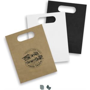 A set of medium die cut paper bags in brown, white, and black, featuring a logo on the front.