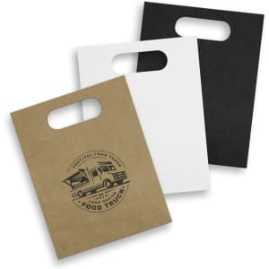 A set of three medium die cut paper bags in brown, white, and black, featuring a logo design on the brown bag.