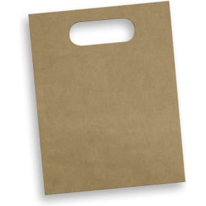 A medium-sized, die-cut paper bag in a brown kraft finish with a cut-out handle. It features a simple, clean design.