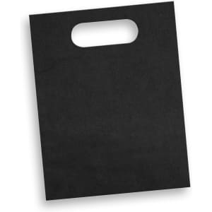 A medium, die cut paper bag in solid black with a handle at the top and a clean design.