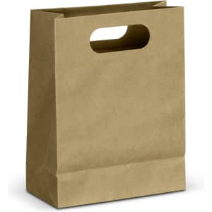 A medium die-cut paper bag in a natural brown colour with a handle at the top. It features a logo on one side.