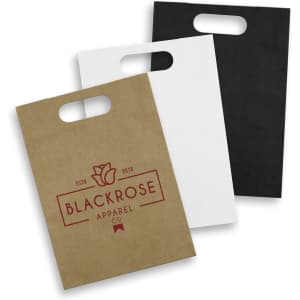 Large die cut paper bags in brown, white, and black with a handle and a logo on the front.