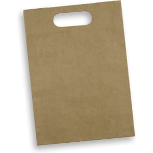A large, brown die cut paper bag with a handle and a plain surface, featuring a logo.