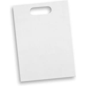 A large white die cut paper bag with a handle and no visible branding.