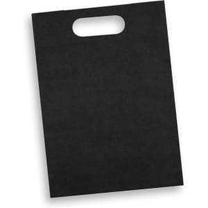 A large, black die cut paper bag with a handle and a plain design, featuring a logo.