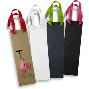 Wine ribbon handle paper bags in various colours: red, white, black, and pink, featuring a logo on one bag.