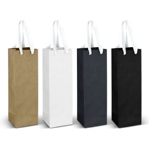 A set of four wine ribbon handle paper bags in gold, white, navy, and black, featuring white handles and a logo.