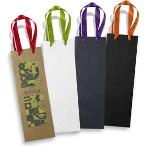 A set of four paper bags in brown, white, black, and green, each featuring ribbon handles in various colours.
