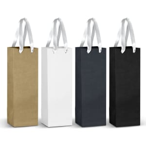 Four paper bags with ribbon handles in gold, white, navy, and black, each featuring a logo.