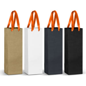 A set of four paper bags in cream, white, green, and black with orange ribbon handles. Each bag has a logo.