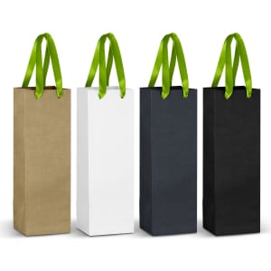 A set of four paper bags with green ribbon handles in brown, white, navy, and black colours. Each bag features a logo.