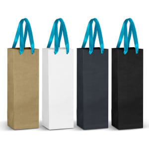 A set of four champagne ribbon handle paper bags in gold, white, and black with teal satin handles. Each bag has a logo.
