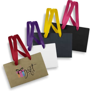 A collection of small ribbon handle paper bags in black, white, kraft, and purple, featuring a logo design.