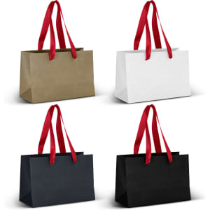 A small paper bag with red ribbon handles, available in black, white, and khaki colours. Each bag has a logo.