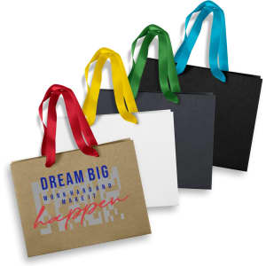 A collection of medium ribbon handle paper bags in white, black, brown, and grey, each with colourful ribbon handles.