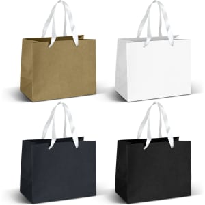 Medium ribbon handle paper bags in gold, white, and two shades of black. Each features elegant ribbon handles.