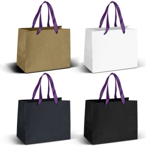 Medium ribbon handle paper bags in gold, white, and two shades of black, featuring purple handles.