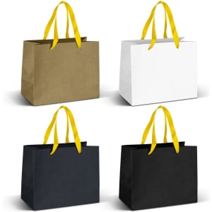 Medium ribbon handle paper bags in gold, white, and black, featuring yellow handles, displayed in four variations.