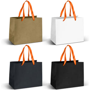 A collection of medium paper bags in olive green, white, and black, featuring orange ribbon handles. Each bag has a logo.