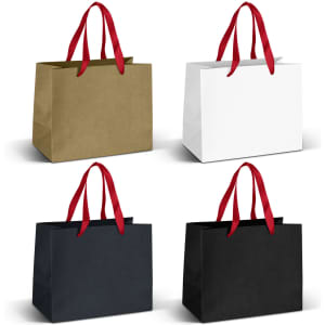 Medium ribbon handle paper bags in khaki, white, and black, with red ribbon handles, displayed in a grid layout.