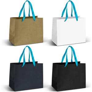 Four medium ribbon handle paper bags in khaki, white, and black, each with blue ribbon handles. One bag features a logo.