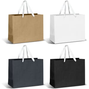 A large paper bag collection in brown, white, and black, featuring ribbon handles and a simple design.