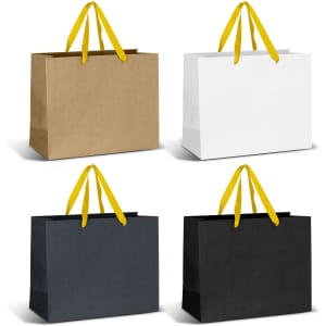 Large ribbon handle paper bags in brown, white, black, and dark grey. Each bag has yellow handles and a simple design.