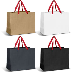 Large ribbon handle paper bags in brown, white, and black, featuring red handles, arranged in a 2x2 grid.