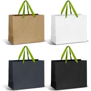 Large ribbon handle paper bags in brown, white, dark grey, and black, featuring green handles and a logo.