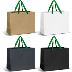 Large ribbon handle paper bags in brown, white, and two shades of black with green handles. Each bag features a logo.