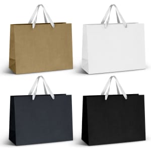 Extra large paper bags in gold, white, and black, featuring ribbon handles. Each bag has a simple design and a logo.