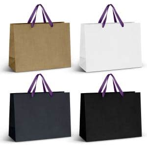Four extra large ribbon handle paper bags in gold, white, black, and dark grey, featuring purple handles and a logo.