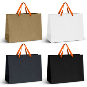 Extra large paper bags in brown, white, and black, featuring orange ribbon handles. Each bag has a distinct colour.