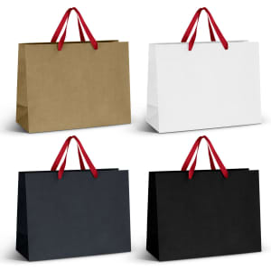 Extra large paper bags in gold, white, and black with red ribbon handles and a logo.