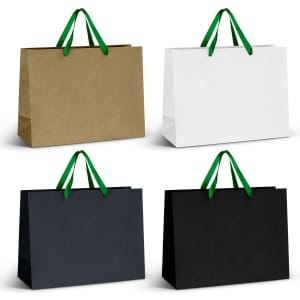 Four extra large ribbon handle paper bags in brown, white, green, and black with green handles.