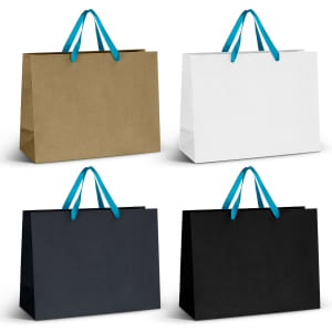 Four extra large ribbon handle paper bags in brown, white, black, and black, featuring blue handles.
