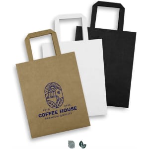 Medium flat handle paper bags in brown, white, and black, featuring a logo on the brown bag.