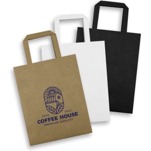A set of three medium flat handle paper bags in brown, white, and black, each with a logo design on the front.