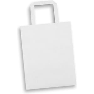 A medium flat handle paper bag in white, featuring flat handles and a blank surface. It has a logo.