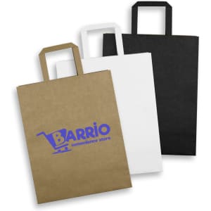 A set of three large flat handle paper bags in brown, white, and black, featuring a logo on the brown bag.