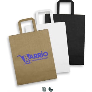 A large flat handle paper bag set in brown, white, and black, featuring a logo on the brown bag.