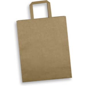 A large flat handle paper bag in a natural brown colour with a simple design. It features an attached handle.