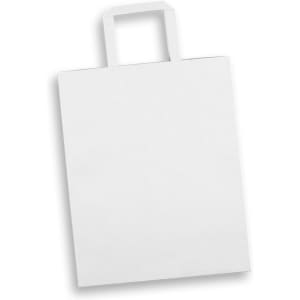 A large, plain white paper bag with a flat handle and portrait orientation. It features a logo on one side.