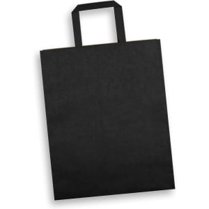 A large black flat handle paper bag with a straightforward design. It features a sturdy handle and a smooth surface.