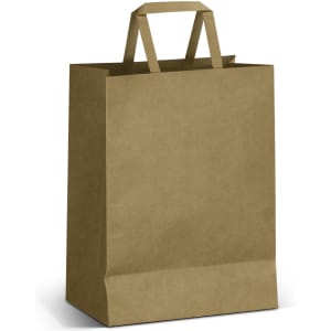 A large flat handle paper bag in a brown colour with a structured base and two handles on top.