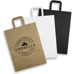 Three extra large flat handle paper bags in cream, white, and black, featuring a logo on the front of the cream bag.