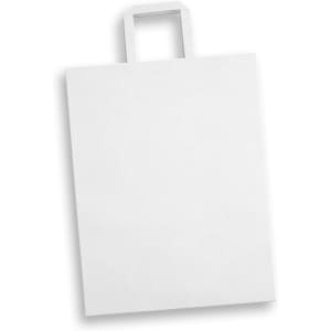 A white extra large flat handle paper bag with a simple design and a logo at the top.