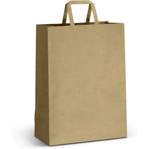 An extra large flat handle paper bag in a natural kraft colour, featuring a simple design and two top handles.