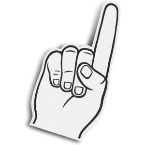 A foam hand in the shape of a raised index finger, designed in black and white with a simple outline.